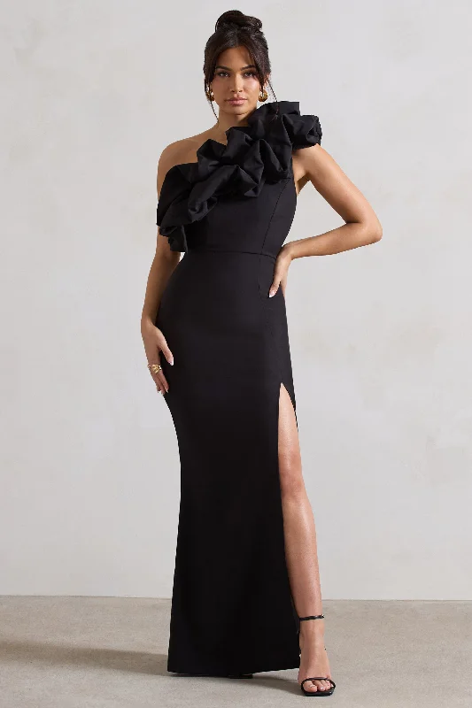 Relaxed Style Deals Exquisite Craftsmanship Vienne | Black One Shoulder Ruffle Split Maxi Dress