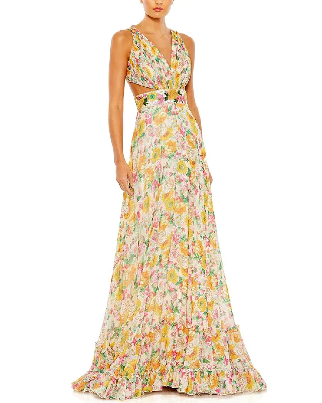 Huge Discounts This Week Classic Timeless Elegant Style Mac Duggal Floral Print Cut Out Lace Up Tiered Gown