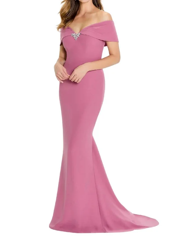 Chic & Cozy Collection Elegant Ensemble Off-The-Shoulder Stretch Crepe Gown In Dark Rose