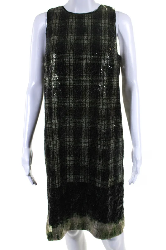 Imeless Style Graceful Movement Worth New York Womens Sequin Plaid Sleeveless Shift Dress Green