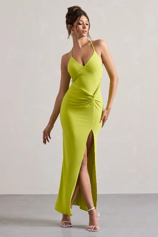 Quick Grab Deals Ethnic Cultural Event Wear Domenica | Lime Green Halter-Neck Wrap Maxi Dress