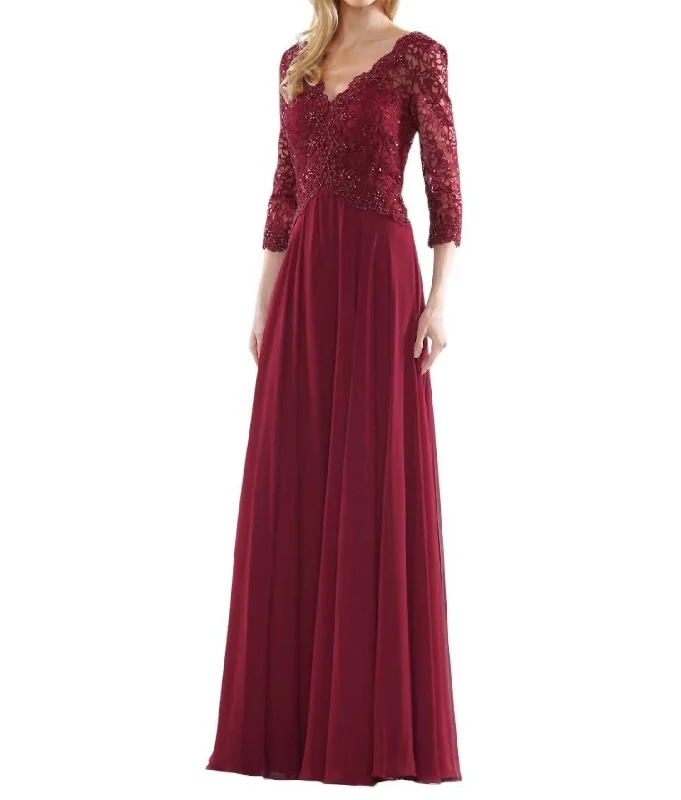 Bid Farewell To The Old Season Vintage Look Quarter Sleeve Scalloped Lace Gown In Wine