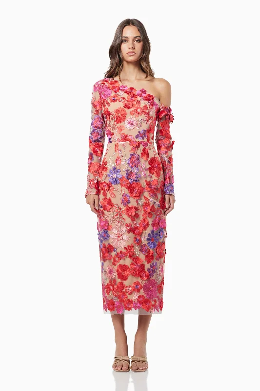 Seasonal Sale Ethnic Cultural Event Wear Electric 3D Floral Midi Dress