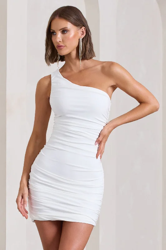 Mega Sales Casual Elegance Onyx | White Ruched One Shoulder Mini Dress