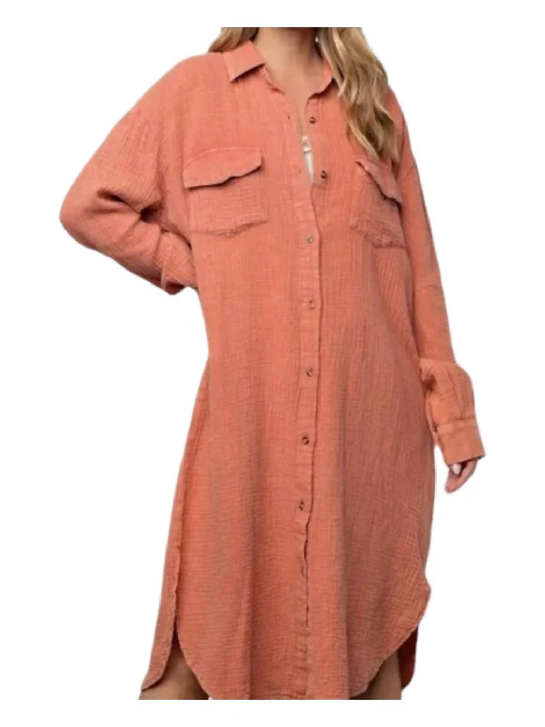 Sustainable Fashion Extravaganza Feminine Charm Cotton Gauze Below The Knee Shirt Dress In Pumpkin Mineral Washed