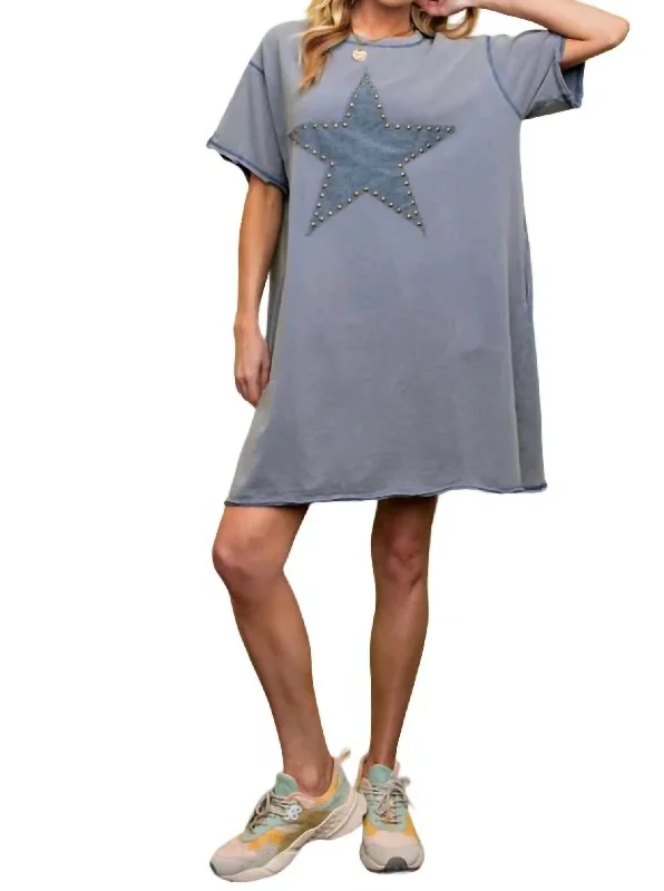 High-End Style Discounts Dreamy Aesthetic Lucky Star Patch T-Shirt Dress In Washed Denim