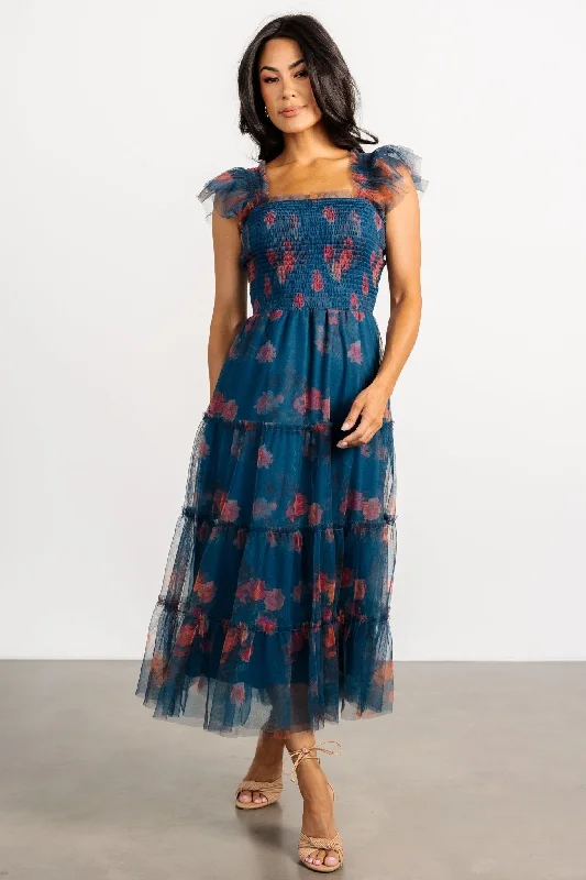 Fashion Forward Effortless Sophistication Clementine Tulle Midi Dress | Persian Blue + Rust