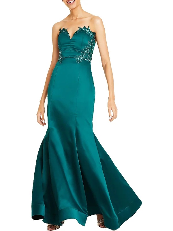 Unleash Your Trendy Side Seasonal Trend Juniors Womens Satin Applique Evening Dress