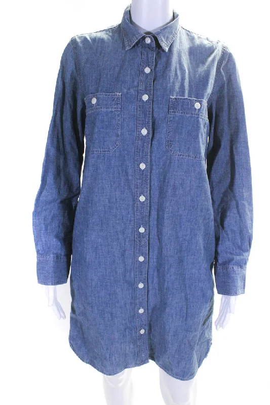 Daily Deals Romantic Detailing J Crew Womens Long Sleeve Denim Mini Button Up Shirt Dress Blue