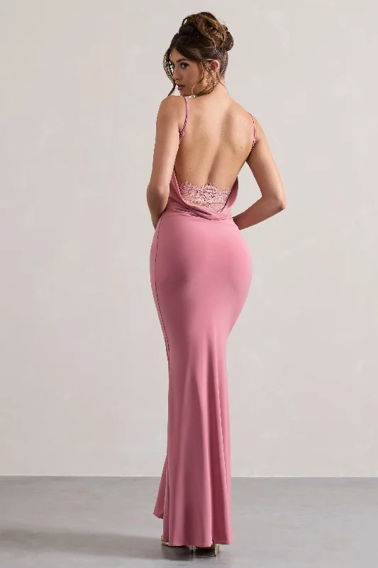 Cozy Comfort Style Sale Feminine Elegance Francoise | Blush Cowl Neck Backless Maxi Dress With Lace Insert