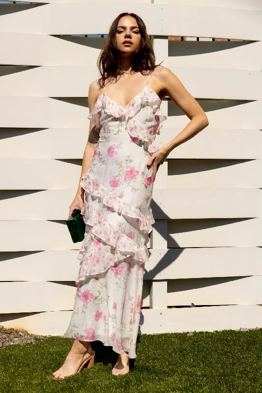 Sophisticated Street Style Offers Playful Elegance SALE - Mina Ruffled Floral Slip Midi Dress