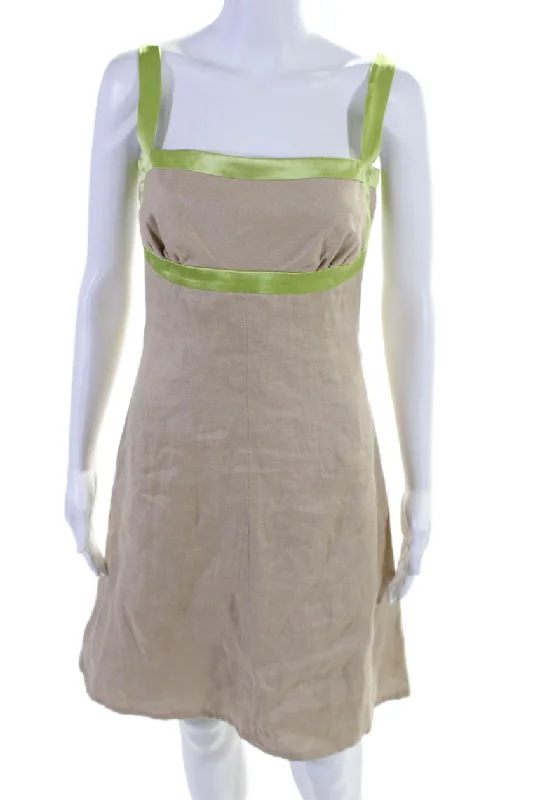 Discover Now Flowy Fabric Valentino Womens Linen Sleeveless A Line Knee Length Dress Beige Lime Green