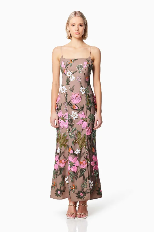 Stylish Looks Nordic Minimalist Home Look Mesmerize Floral Sequin Maxi Dress In Brown