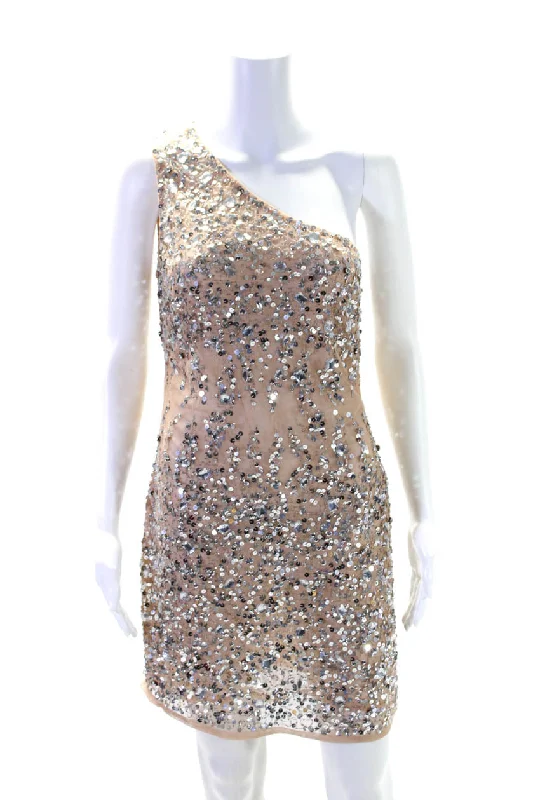 Flash Sale Now Seasonal Trend Mac Duggal Womens Sequined One Shoulder Sleeveless Dress Nude Beige