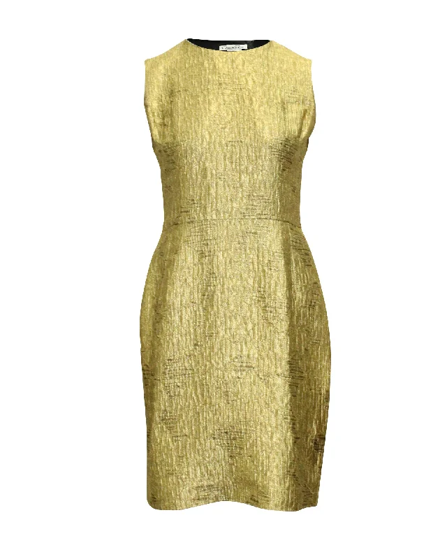 Vibrant Style Promotions Statement Piece Oscar De La Renta Sleeveless Sheath Dress in Metallic Gold Viscose