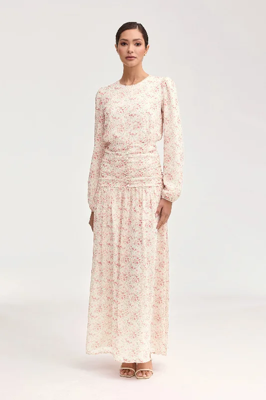 Affordable Trendy Fashion Elegant Details Randa Rouched Maxi Dress - Rose Floral