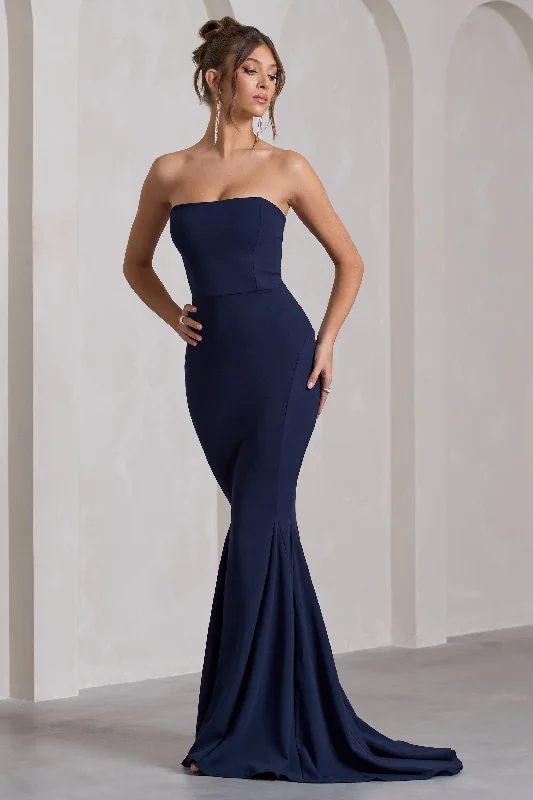 Affordable Trendy Fashion Feminine Elegant Impress Me | Navy Strapless Bandeau Fishtail Maxi Dress