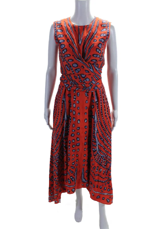 Timeless Style Promotions Romantic Date - Night Ensemble Altuzarra Womens Linen Abstract Print Sleeveless Sun Dress Red Blue