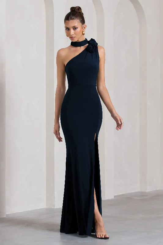 Luxury Casual Deals Seasonal Trend In Suspense | Navy One Shoulder Halter-Neck Split Maxi Dress With Flower