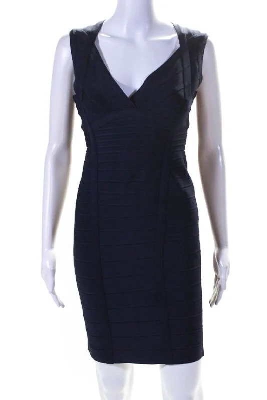 Bold Fashion Sales Timeless Elegant Herve Leger Womens V Neck Sleeveless Bandage Dress Navy Blue