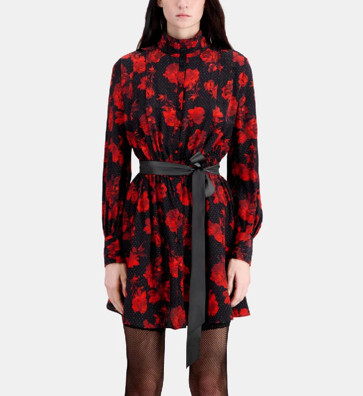 Everyday Elegance Sale Bold Silhouette Short Printed Silk Shirt Dress