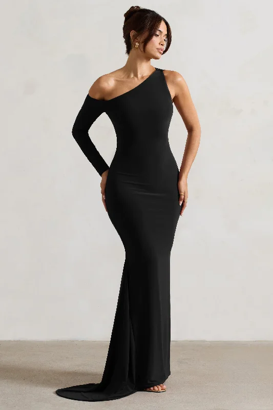 Massive Selection Sale Coastal Beach - Inspired Style Contradiction | Black One-Sleeve Asymmetric Maxi Dress