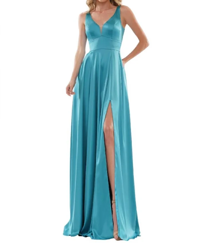 Vintage-Inspired Style Offers Everyday Glamour Deep V-Neck Satin A-Line Gown In Teal