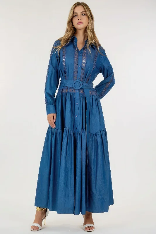 Stylish Deals Ethnic Cultural Event Wear Hot Girl Long Sleeve Linen Maxi Dress In Denim Blue