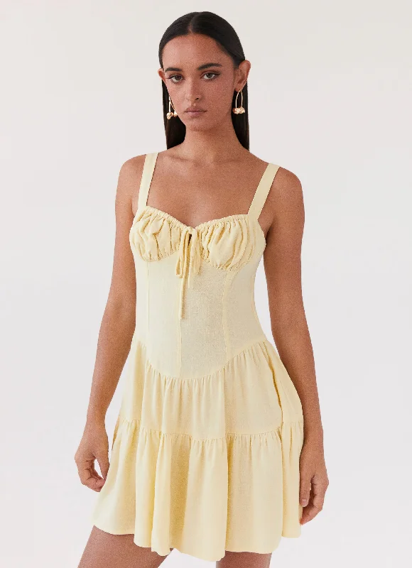 Urban Fashion Coastal Beach - Inspired Style Lucie Linen Mini Dress - Yellow