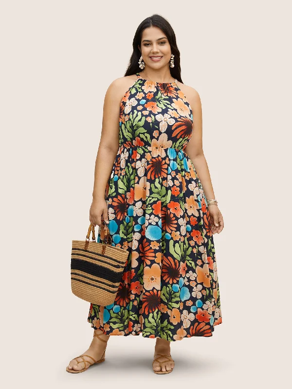 Crazy Discounts, Hurry Up Feminine Flow Floral Printed Patchwork Side Seam Pocket Dress