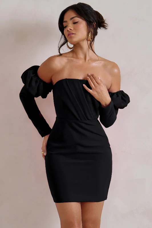 Casual Yet Chic Sales Final Clearance Laurie | Black Bardot Puff  Long Sleeve Mini Dress