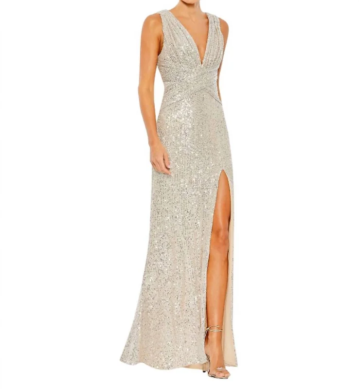 Chic Trend Collection Luxury Style Sleeveless Plunging Sequin Gown In Nude/silver