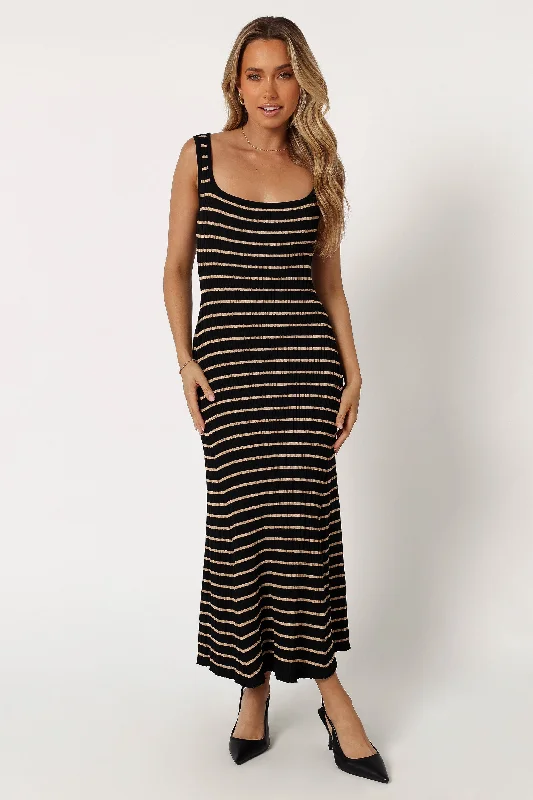 Limited Stock Boho - Chic Festival - Ready Style Henry Striped Midi Dress - Black Beige