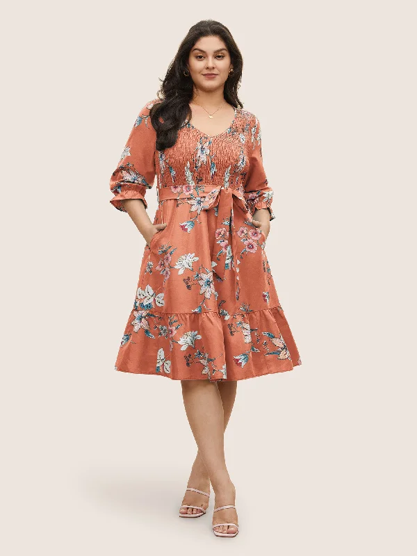 Chic & Cozy Collection Timeless Elegant Floral Print Shirred Front Ruffle Sleeve Dress