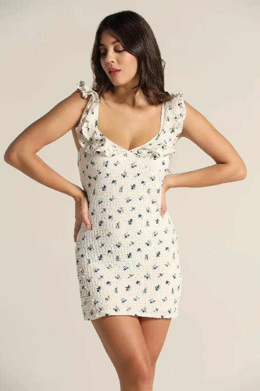 Contemporary Chic Promotions Effortless Sophistication Ruffle Mini Dress - Blue Floral