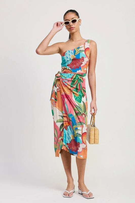 Shop Sales Luxury Style Hot Girl Tropical Resort One Shoulder Wrapped Midi Dress