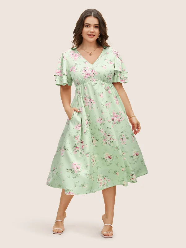 Trendy Threads Cottagecore Rustic Charm Style Floral Elastic Waist Tiered Ruffle Sleeve Dress