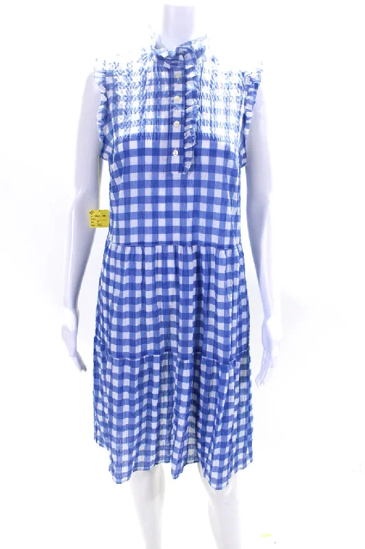 Luxury Fashion Discounts Ethnic Cultural Event Wear 0039 Italy Womens Blue Gingham Ruffle Crew Neck Sleeveless Pompea Dress