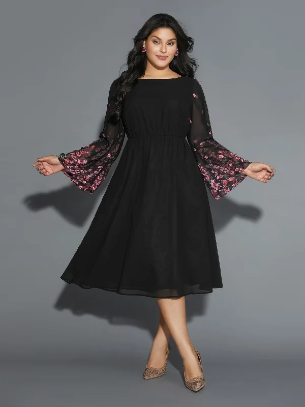 New Arrivals Modern Romance Floral Mesh Bell Sleeve Boat Neck Dress