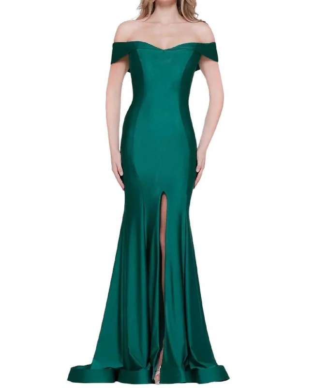 Statement Fashion Offers Lightweight Fabric Off Shoulder Front Slit Satin Mermaid Gown In Emerald