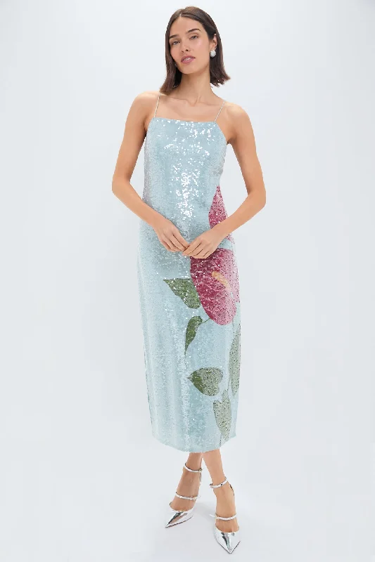 New Styles Just In Casual Chic Anthurium Flowers Blue Slip Maxi Dress