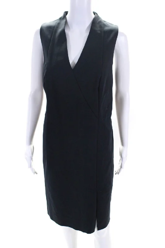 Chic And Edgy Ethnic Cultural Event Wear Akris Punto Womens Navy Cotton Blend V-Neck Belt Sleeveless Shift Dress