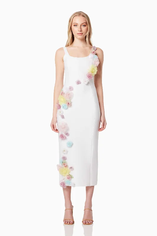 Seasonal Trends Tropical Island - Inspired Attire Motif 3D Floral Midi Dress In White