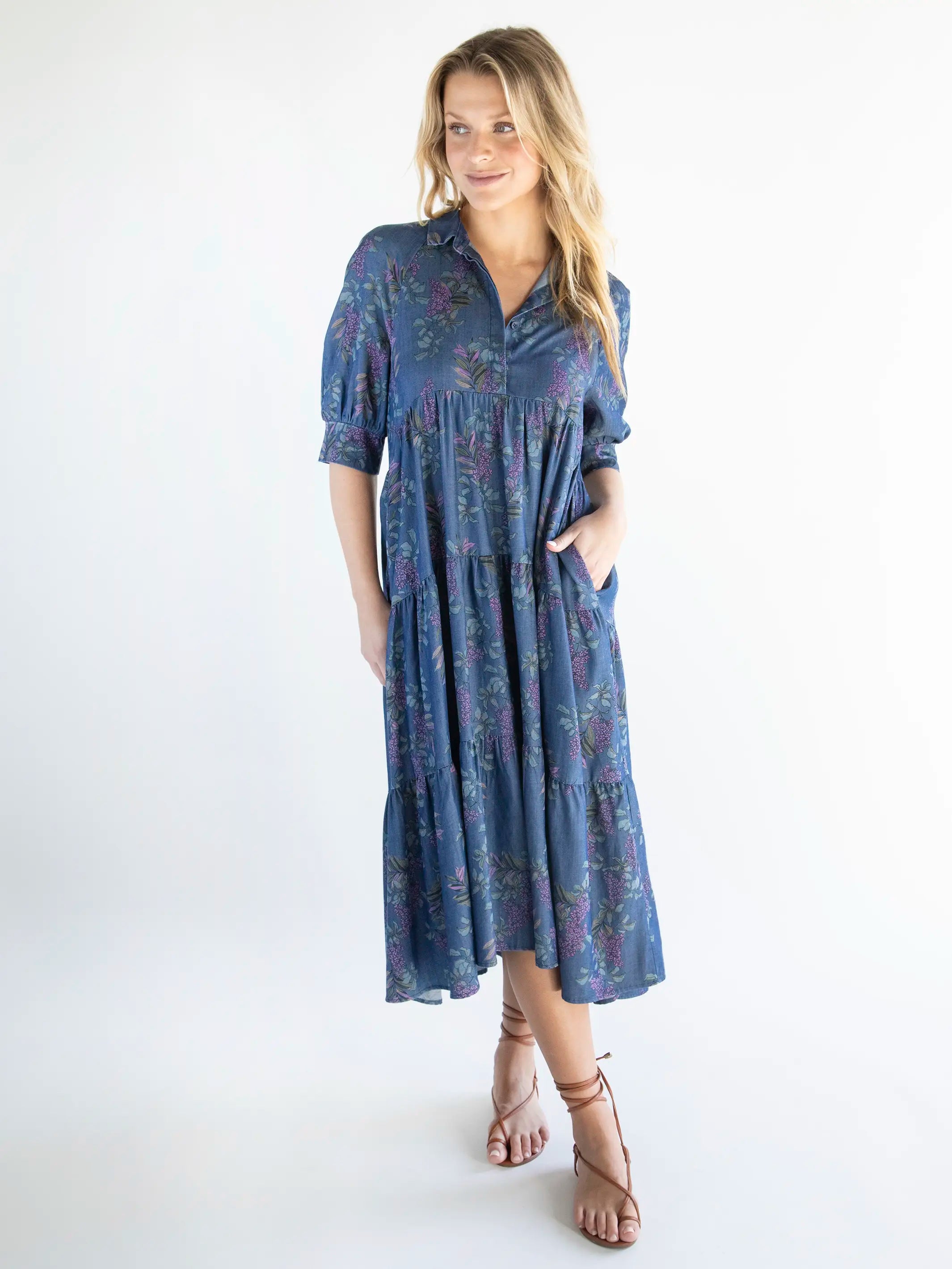 Huge Price Cut Vintage Elegance Rebecca Midi Dress - Denim Wisteria Floral