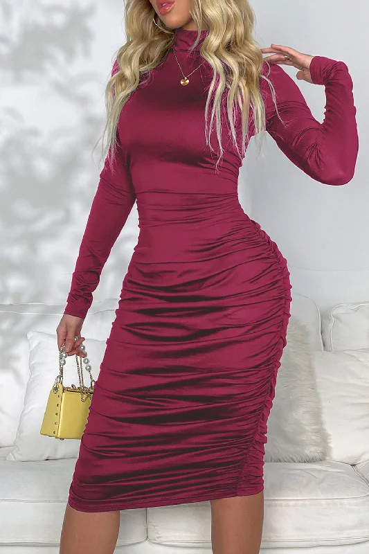 You'Ll Love Us Because Feminine Elegant Hot Girl Ruched Mock Neck Long Sleeve Slinky Midi Dress