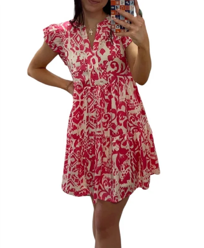 Chic & Modern Sales Feminine Soft - Hued Look Satin Print Dress With Pockets In Pink