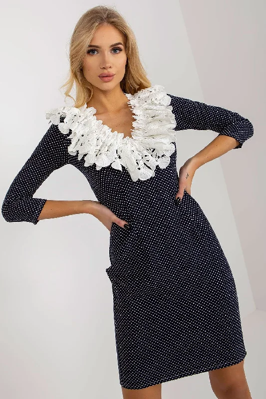 Fresh Styles, Fresh Deals Romantic Date - Night Ensemble Lakerta Polka Dot Ruffled Lace Midi Dress In Navy