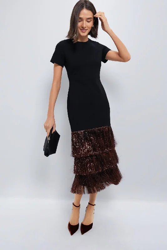 New Season Fashion Preview Seasonal Trend Black & Bronze Metallic Fringe Francie Short Sleeve Maxi Dress