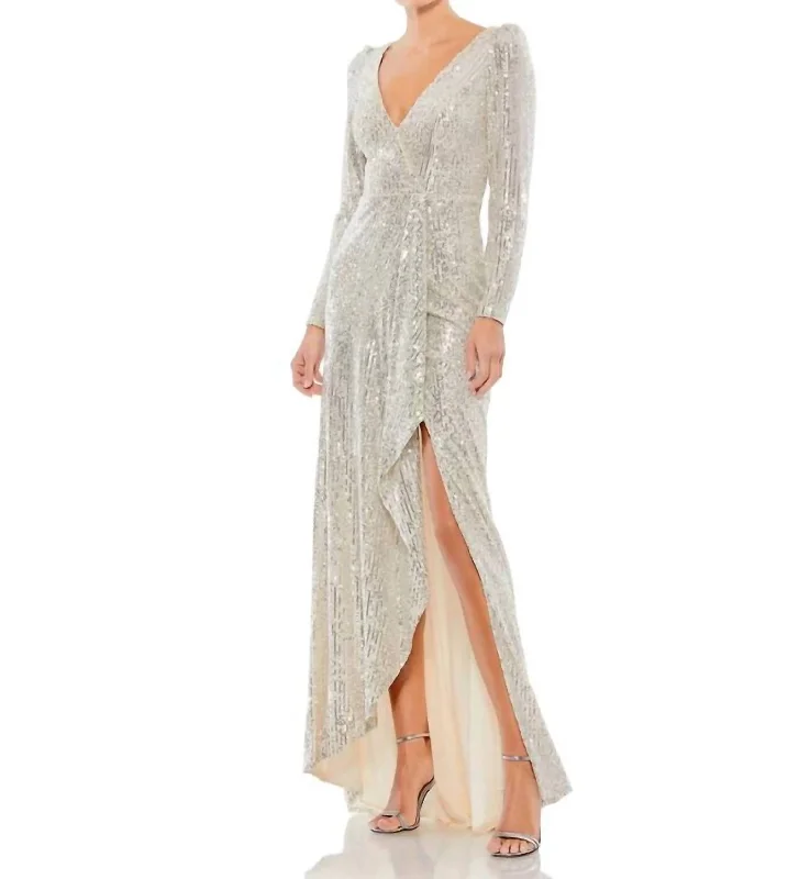 Get The Latest Trends Feminine Allure Sequin Wrap Gown In Silver