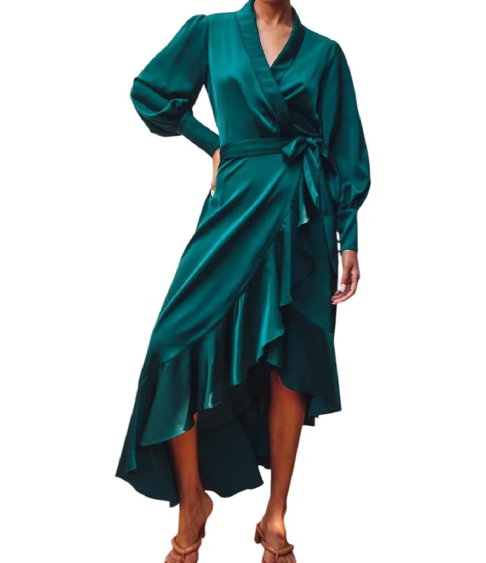 Street Style Discounts Luxury Comfort Satin Ruffled Midi Wrap Dress In Emerald Green